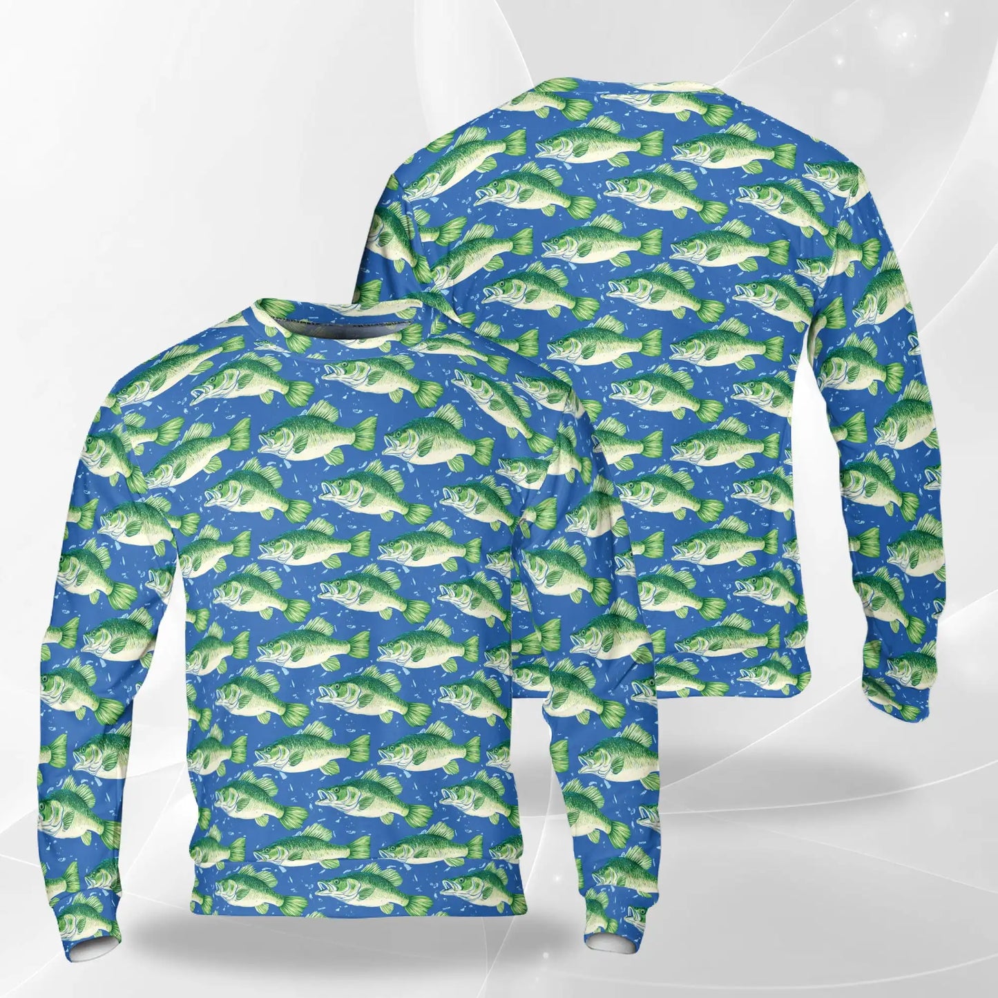 Green Bass Fish Pattern Sweatshirt, 3D All Over Print Freshwater Fishing Crewneck Pullover for Men Women, Bass Fishing Lover Gift - Netecom