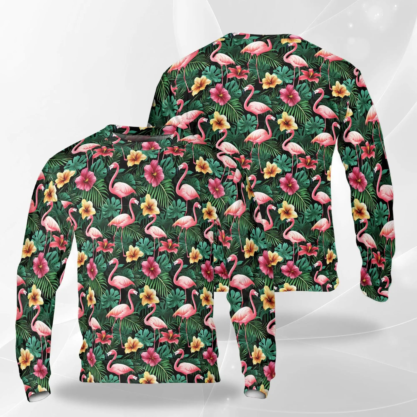 Flamingo Hibiscus Sweatshirt, 3D All Over Print Tropical Bird Floral Crewneck Pullover for Men Women, Flamingo Lover Gift - Netecom