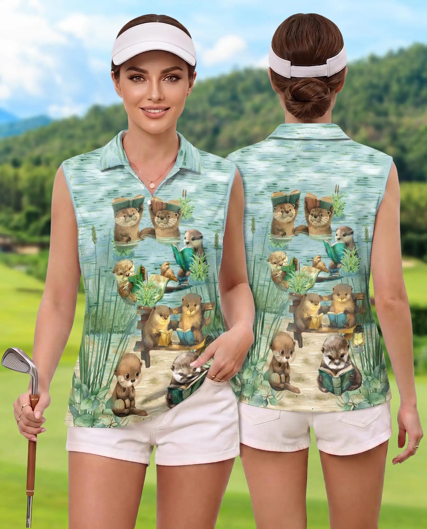Cute Otter Reading Book Sleeveless Polo Shirt for Women – Animal Lover Style | Netecom