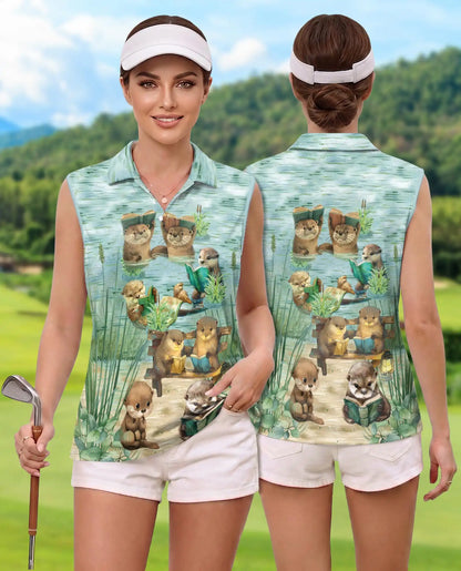 Cute Otter Reading Book Sleeveless Polo Shirt for Women – Animal Lover Style | Netecom