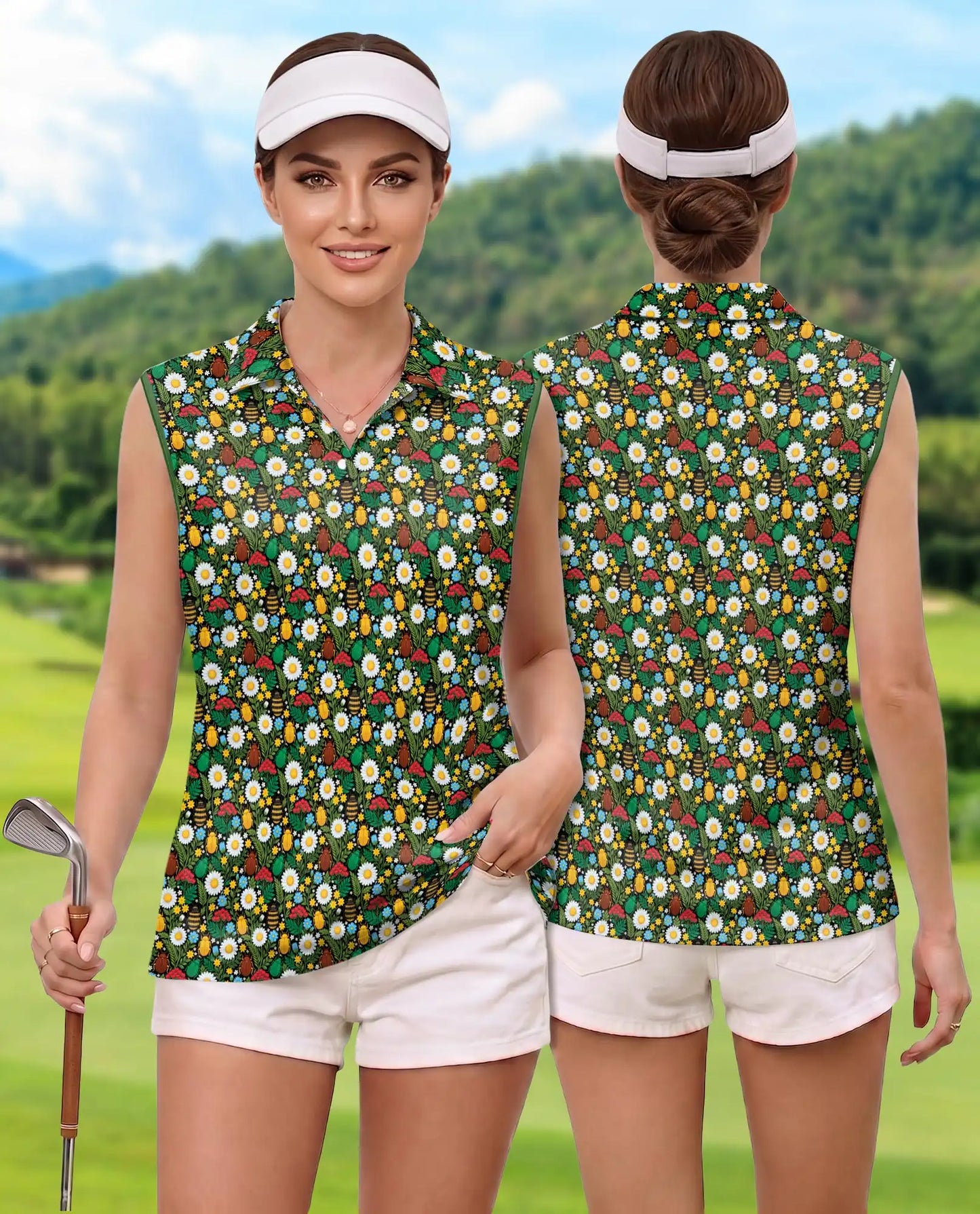 Daisy And Honey Bee Print Sleeveless Polo Shirt for Women | Netecom