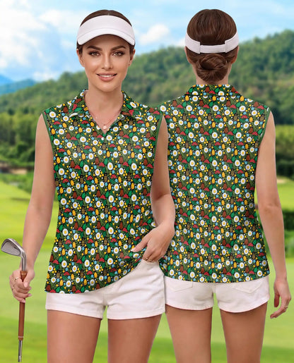 Daisy And Honey Bee Print Sleeveless Polo Shirt for Women | Netecom