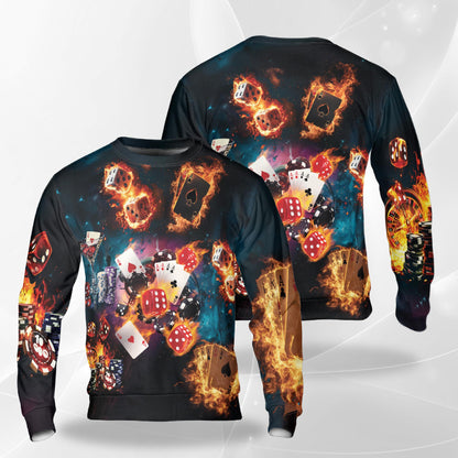 Burning Dice Poker Sweatshirt, 3D All Over Print Casino Gaming Crewneck Pullover for Men Women, Poker Player Gift - Netecom