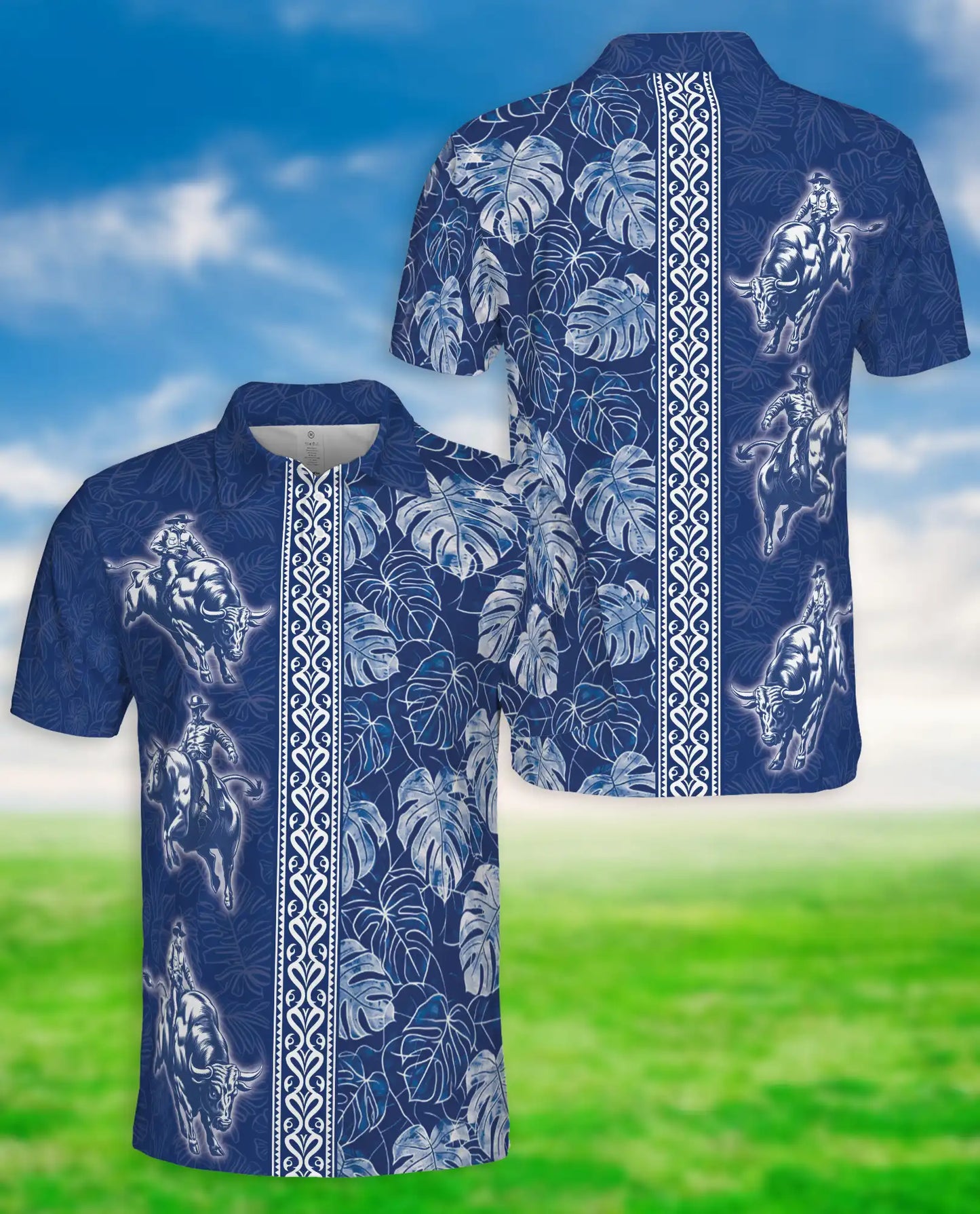 Blue Rodeo Cowboy Hawaiian Polo Shirt | Western Bull Rider Shirt | Netecom