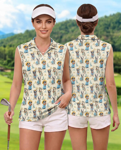 Cowboy French Bulldogs Sleeveless Polo Shirt for Women | Netecom