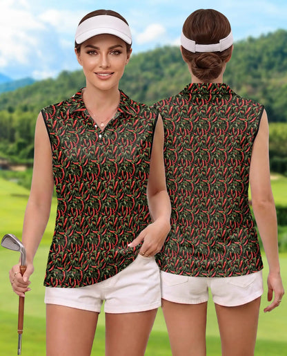 Chilli Pepper Pattern Sleeveless Polo Shirt for Women – Spicy Food Lover Style | Netecom