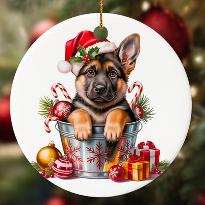 Netecom Funny German Shepherd in Bucket Ornament, Shepherd Dog with Santa Hat Ceramic Ornament for Christmas Tree Hanging Decorations Gift, Puppy Lover Gifts, Home Decor, Holiday Party Present