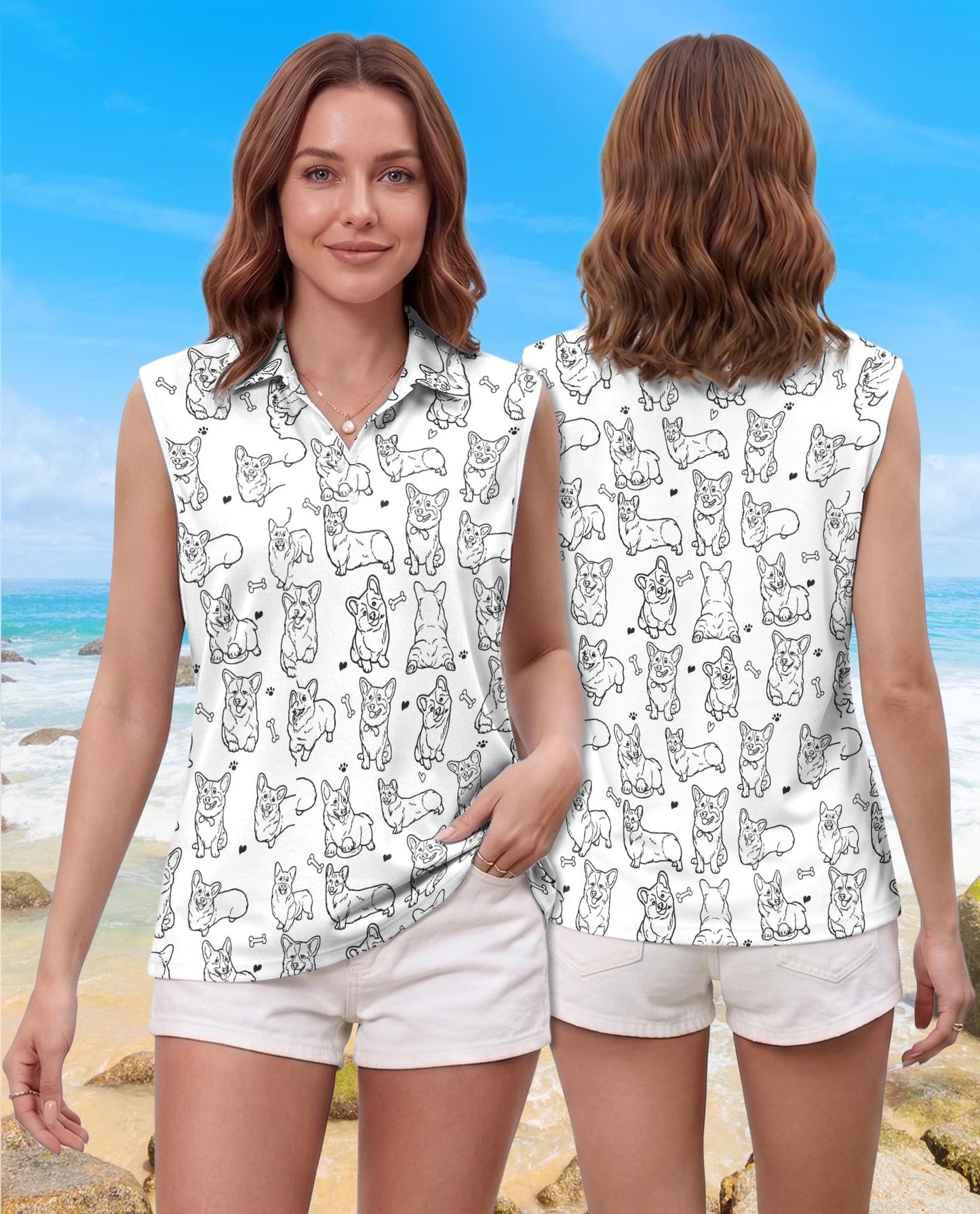 Corgi Pattern Sleeveless Polo Shirt for Women | Netecom