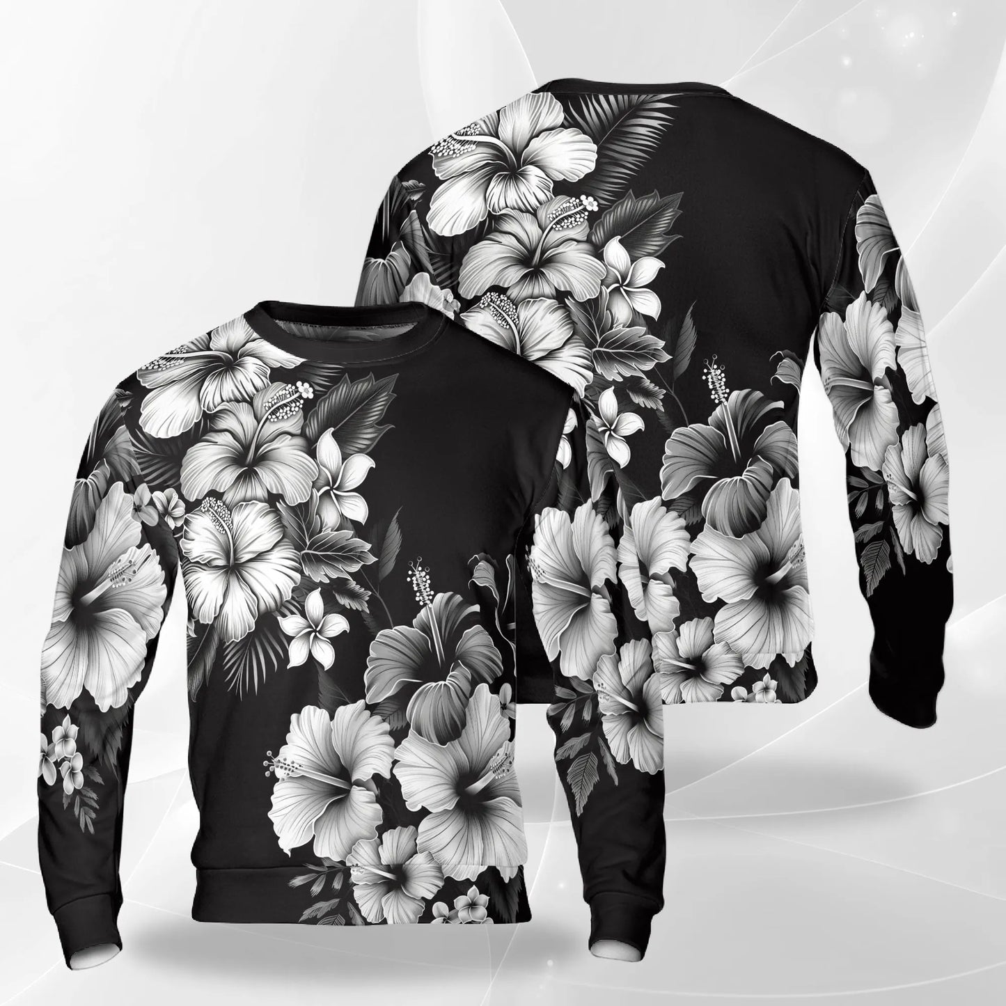 Black and White Hibiscus Polynesian Sweatshirt, 3D All Over Print Tribal Tropical Floral Crewneck Pullover for Men Women, Hibiscus Lover Gift - Netecom