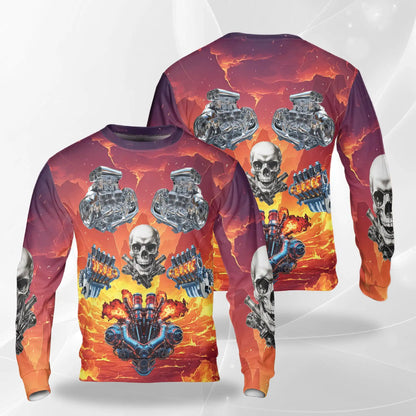 Car Engine Skull Sweatshirt, 3D All Over Print Automotive Mechanic Crewneck Pullover for Men Women, Car Enthusiast Gift - Netecom