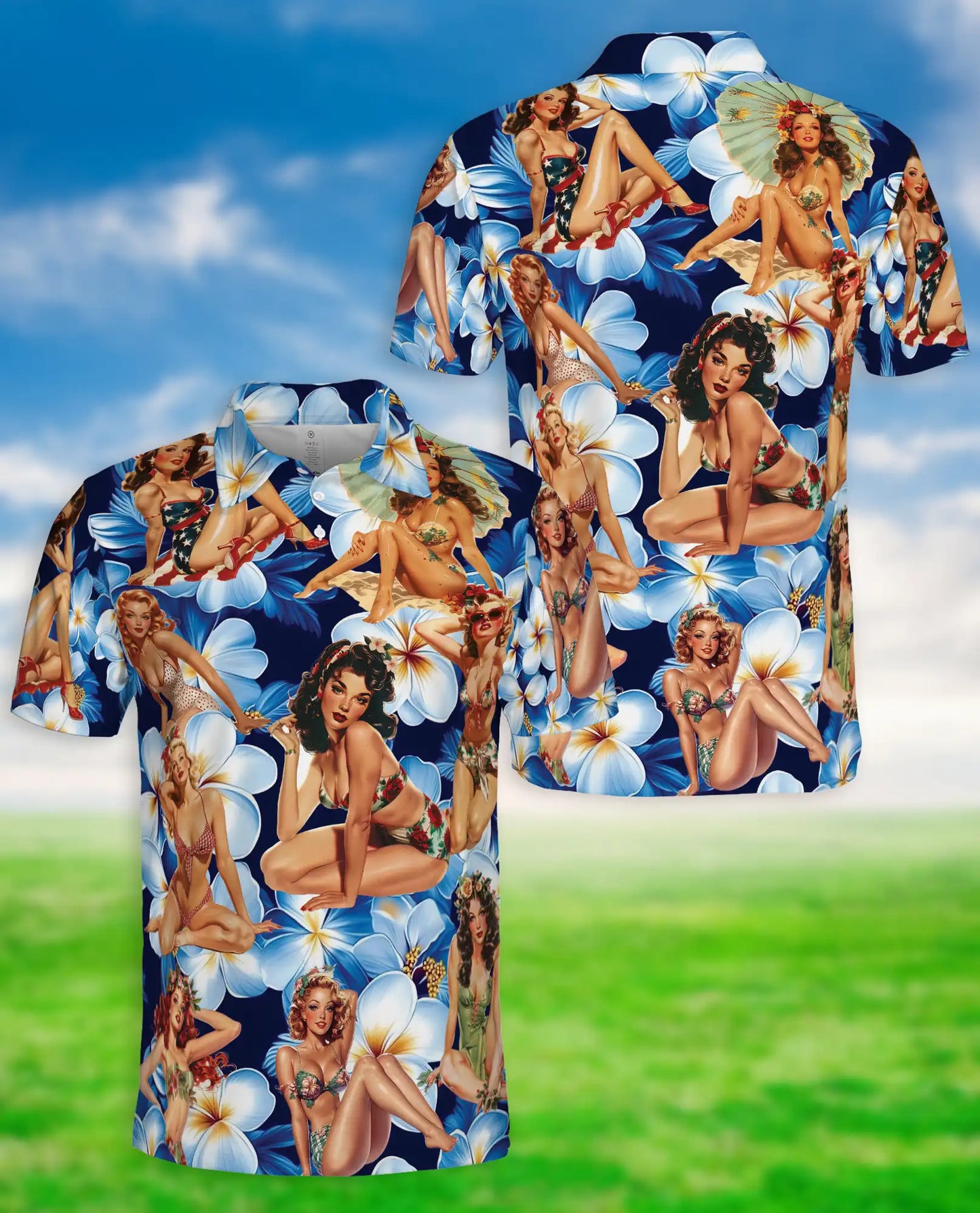 Pin Up Girl 3D Polo Shirt for Men – Vintage Floral Retro Style | Netecom