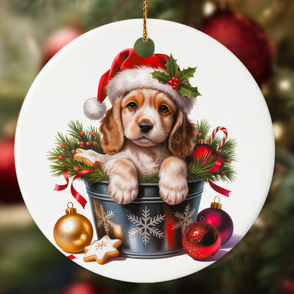 Netecom Cute Cocker Spaniel in Bucket Ornament, Dog with Santa Hat Ceramic Ornament for Christmas Tree Hanging Decorations Gift, Puppy Lover Gifts, Home Decor, Holiday Party Present