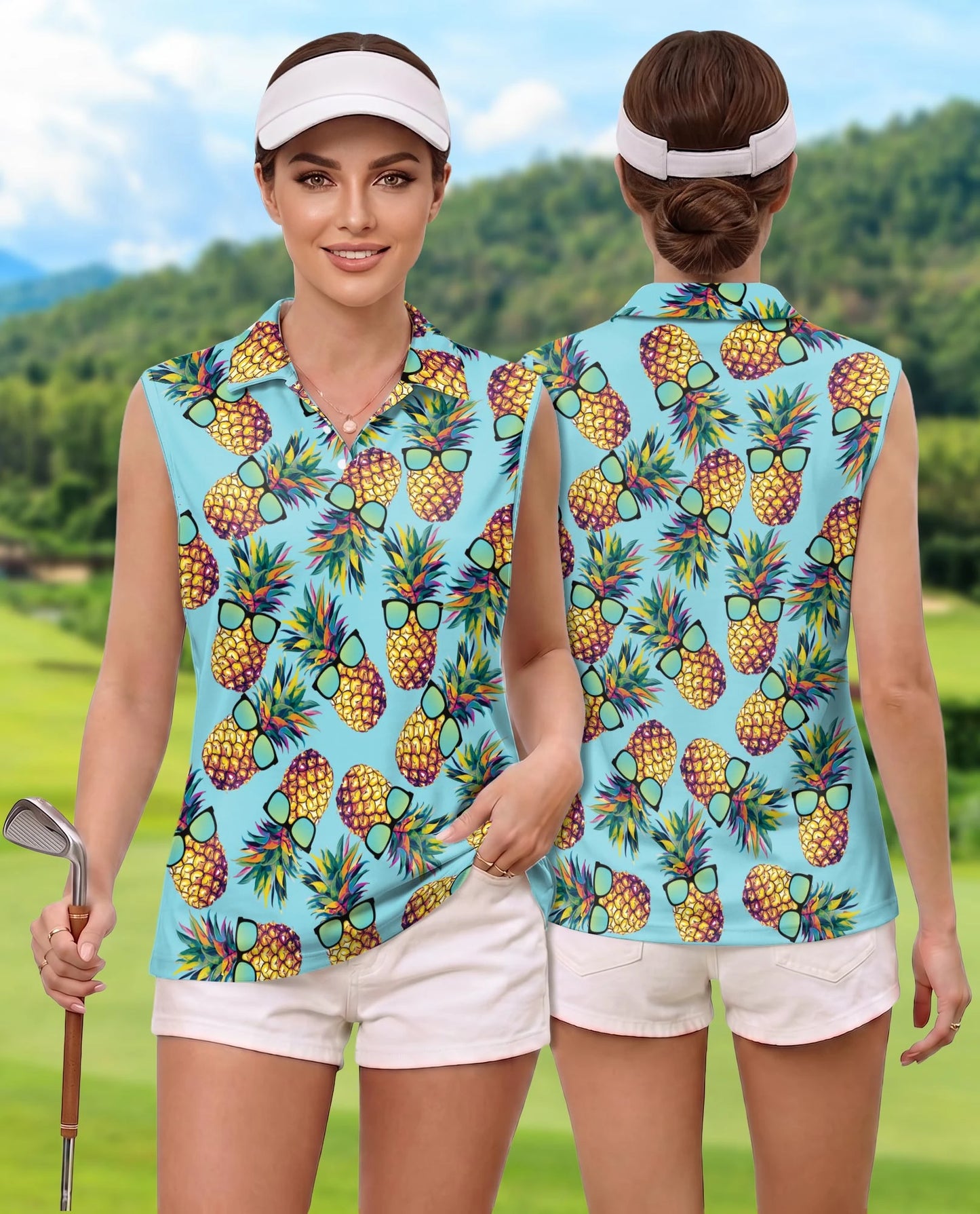 Pineapple Wearing Sunglasses Tropical Sleeveless Polo Shirt for Women | Netecom