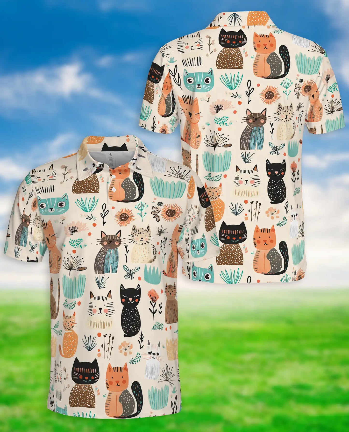 Cute Cat Polo Shirt – Cartoon Kitty Print | Netecom