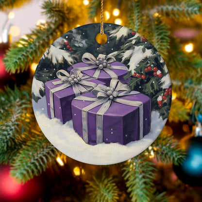 Netecom Purple Gift Box on Snow Christmas Ornaments, Ceramic Present With Silver Ribbon Keepsake Ornament for Christmas Tree Decorations, Gifts for Holiday, Party, Home Decor