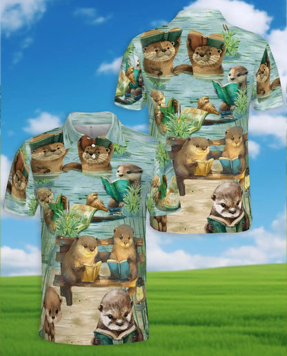 Cute Otter Reading Polo Shirt - Cozy Book Lover Animal Style | Netecom
