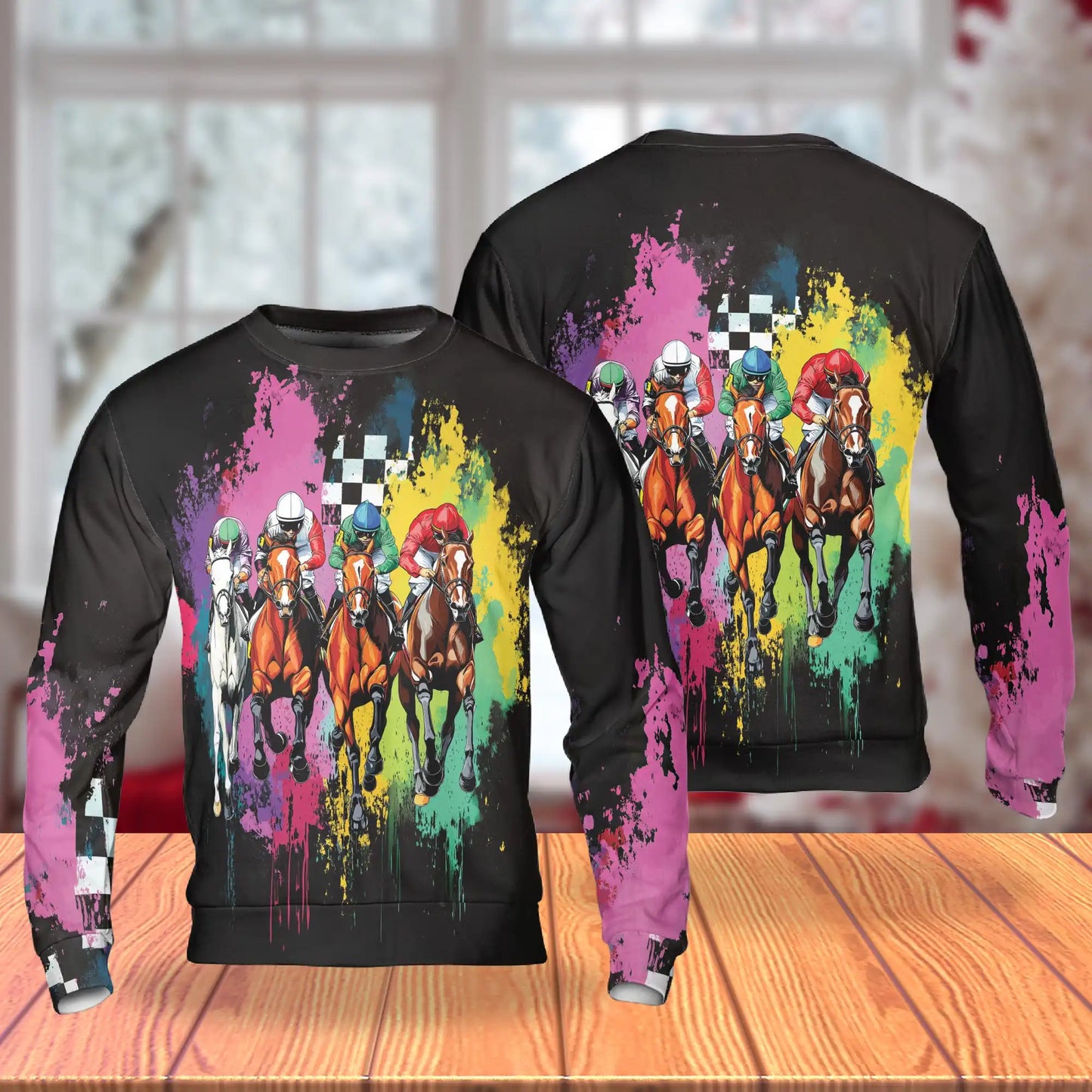 3D Colorful Horse Racing Sweatshirt, All Over Print Vibrant Equestrian Sports Crewneck Pullover for Men Women, Horse Racing Lover Gift - Netecom