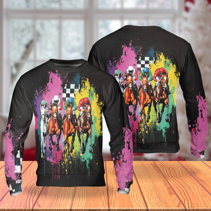 3D Colorful Horse Racing Sweatshirt, All Over Print Vibrant Equestrian Sports Crewneck Pullover for Men Women, Horse Racing Lover Gift - Netecom