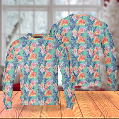 Golden Fish Pattern Sweatshirt, 3D All Over Print Tropical Ocean Crewneck Pullover for Men Women, Fish Lover Gift - Netecom