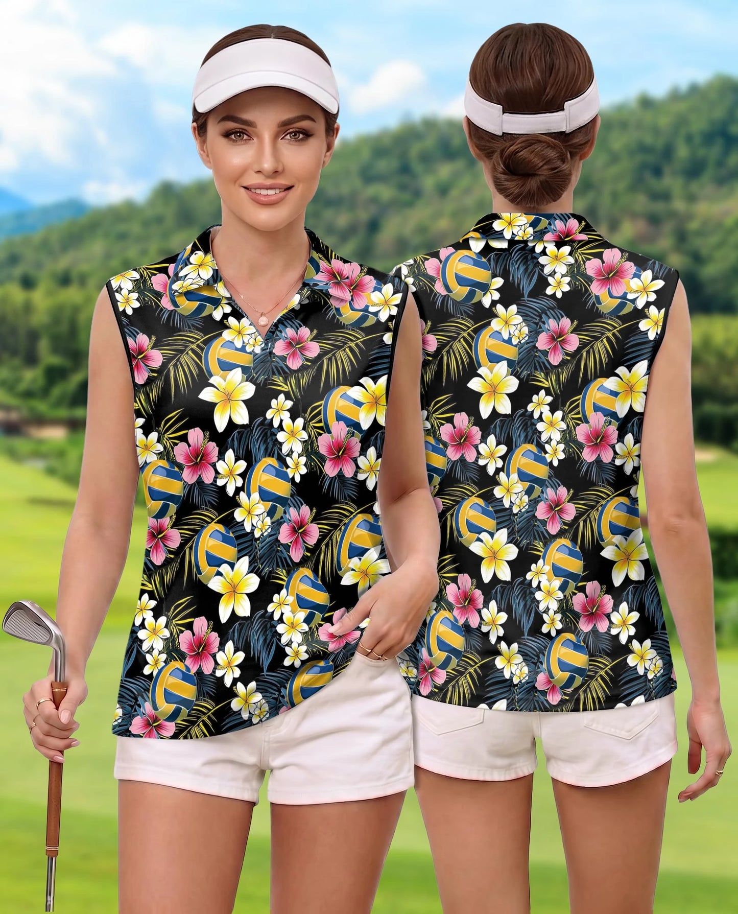 Volleyball Flower Sleeveless Polo Shirt for Women | Netecom
