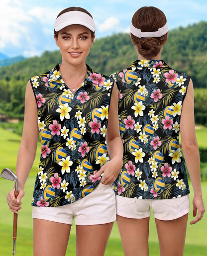 Volleyball Flower Sleeveless Polo Shirt for Women | Netecom