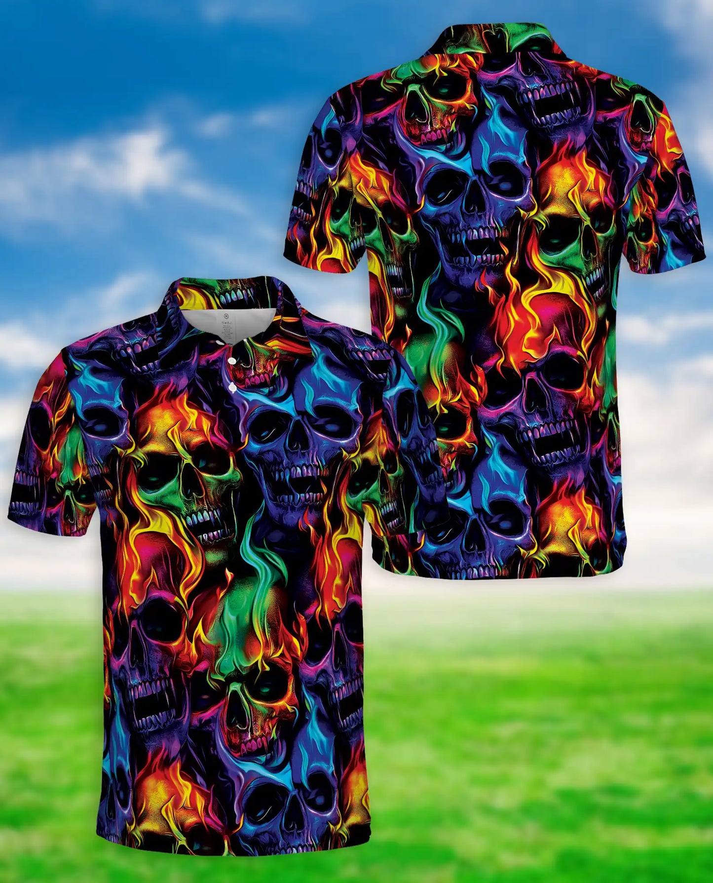 Flaming Skull Neon 3D Polo Shirt for Men | Netecom