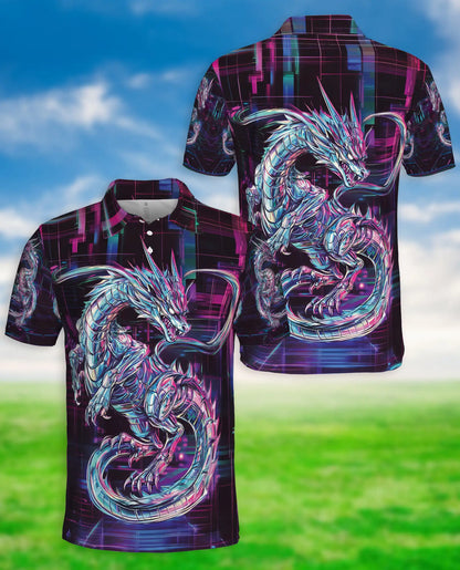 Cyber Dragon 3D Polo Shirt for Men – Neon Futuristic Fantasy Style | Netecom