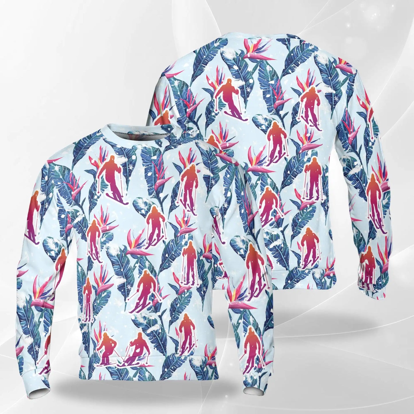 Skiing Palm Sweatshirt, 3D All Over Print Tropical Winter Sports Crewneck Pullover for Men Women, Skier Gift - Netecom
