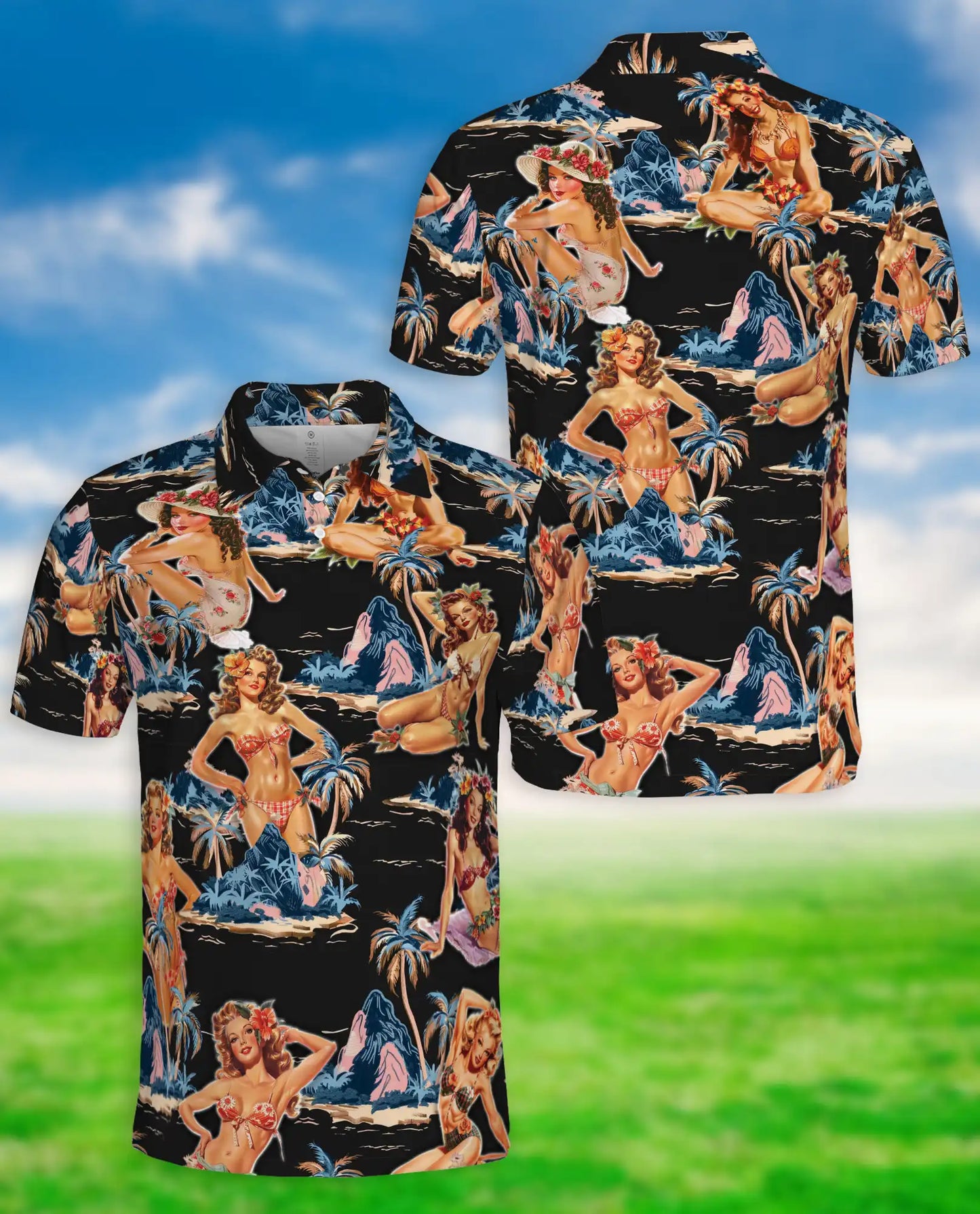 Tropical Pin Up Polo Shirt - Vintage Island Night Style | Netecom