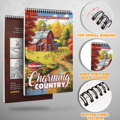 Charming Country Spiral Bound Coloring Book, Picturesque Country Scenes for a Delightful Artistic Escape, Perfect for Those Seeking Rural Charm