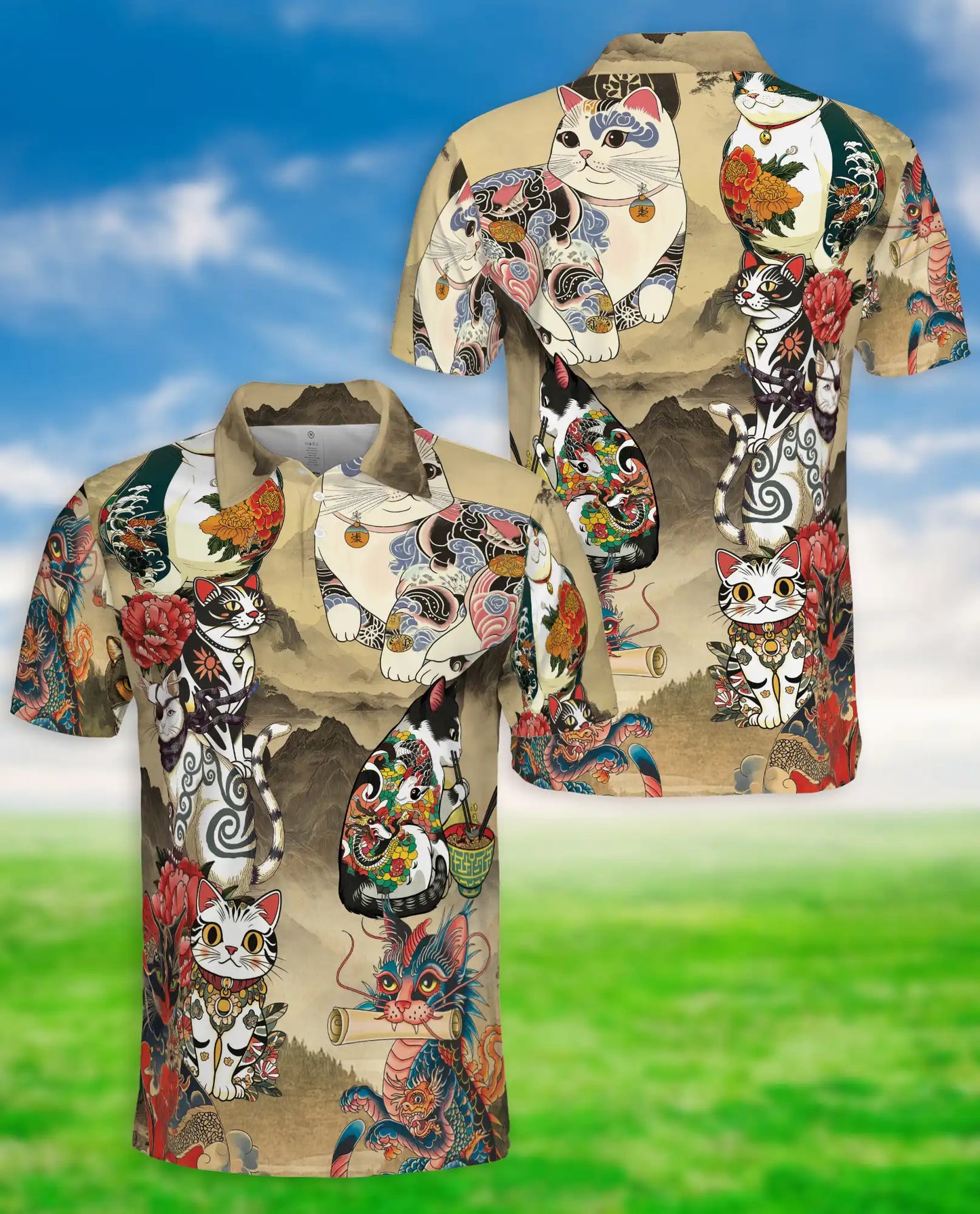 Japanese Tattoo Cat 3D Polo Shirt for Men – Asian Dragon Art Style | Netecom
