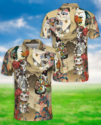 Japanese Tattoo Cat 3D Polo Shirt for Men – Asian Dragon Art Style | Netecom