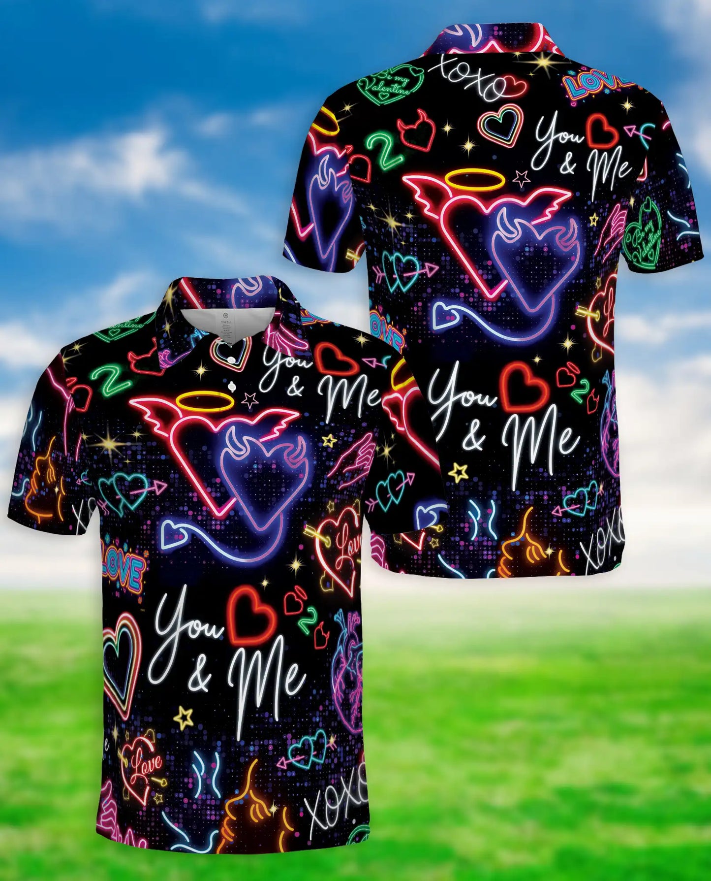 Neon Valentine Polo Shirt – Retro Love Heart Glow Print | Netecom