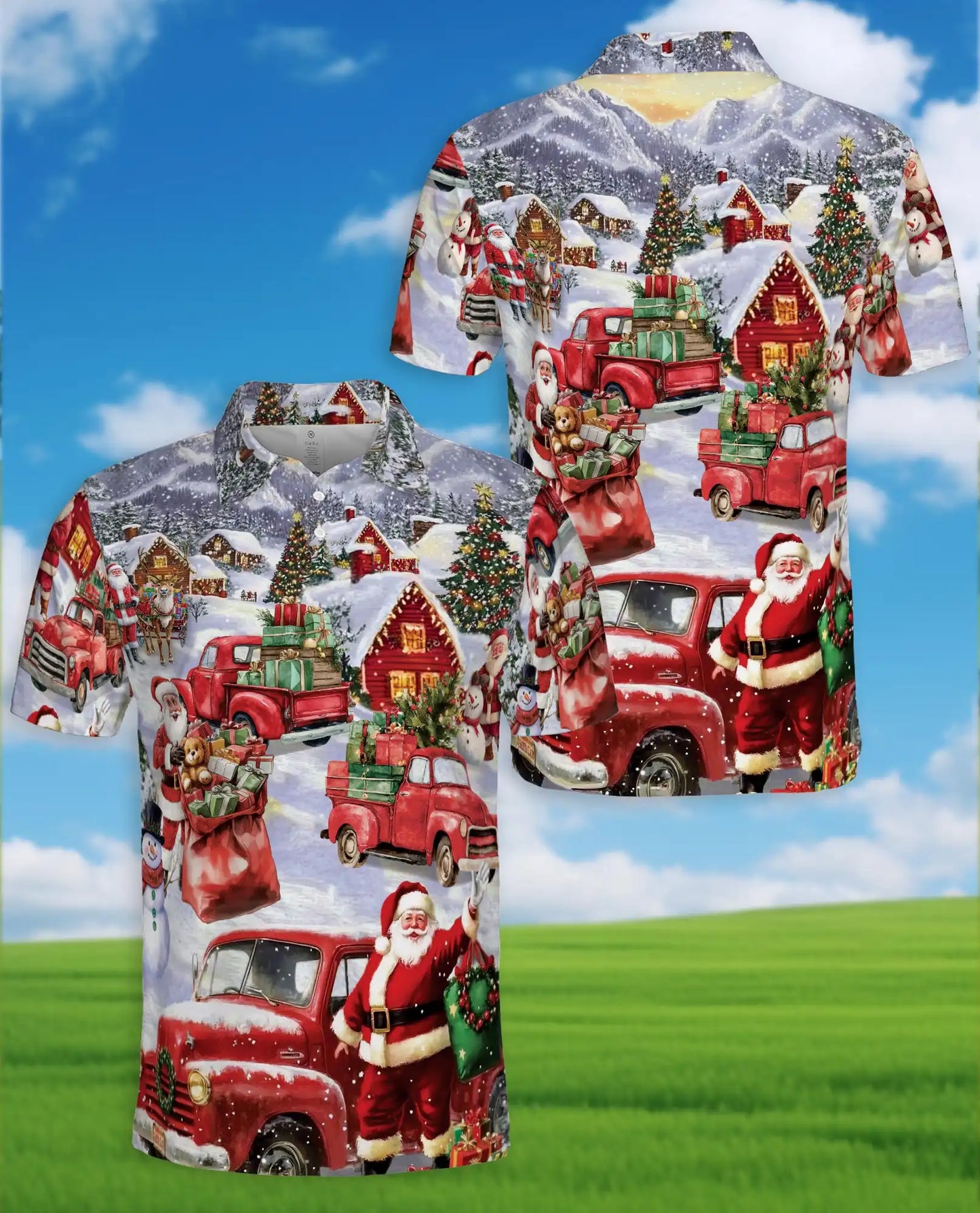 Vintage Christmas Truck 3D Polo Shirt for Men – Santa Holiday Village Style | Netecom
