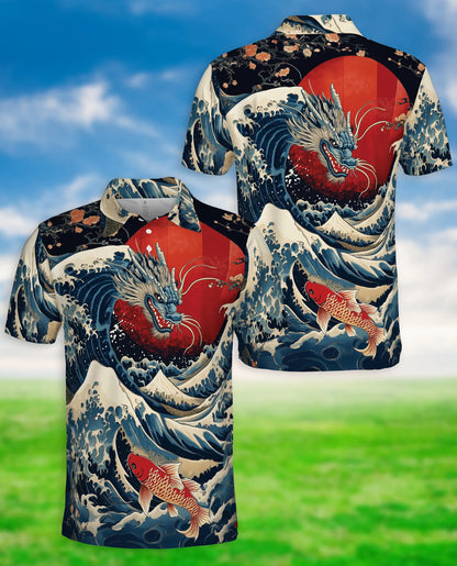 Dragon Wave 3D Polo Shirt for Men – Japanese Koi Ocean Style | Netecom