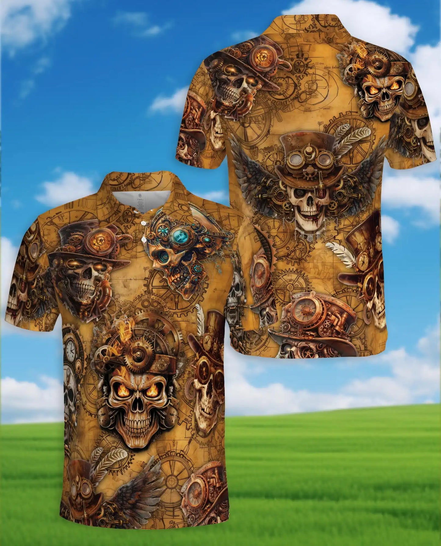 Steampunk Skull Polo Shirt for Men – Mechanical Gothic Skeleton Design | Netecom