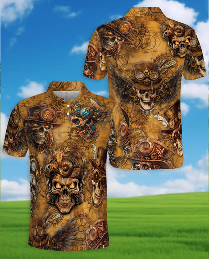 Steampunk Skull Polo Shirt for Men – Mechanical Gothic Skeleton Design | Netecom