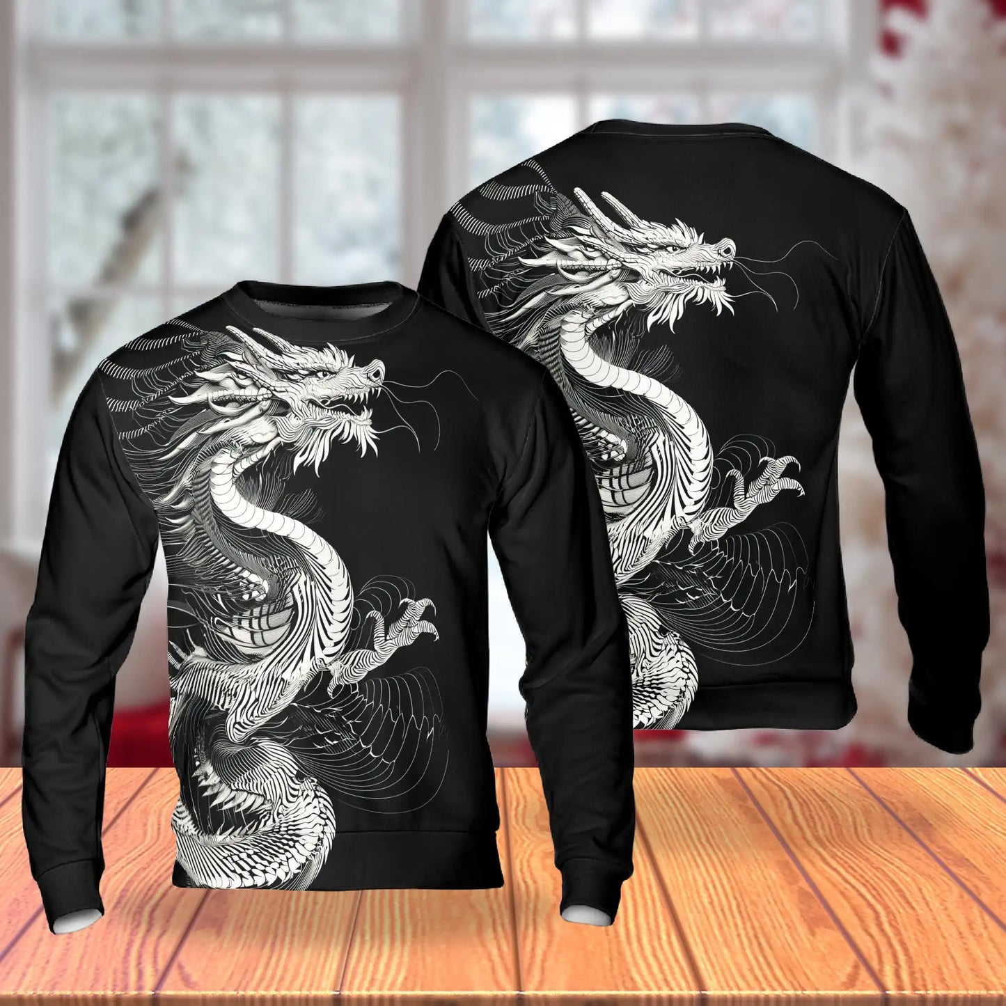 Japanese Dragon Blackwork Sweatshirt, 3D All Over Print Japanese Tattoo Art Crewneck Pullover for Men Women, Dragon Lover Gift - Netecom