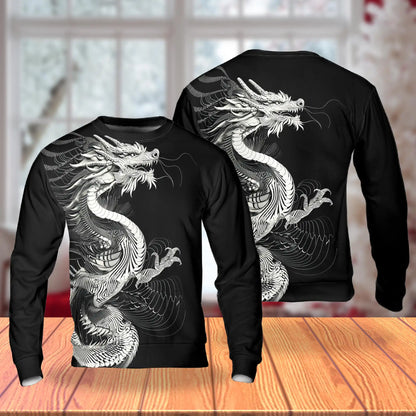 Japanese Dragon Blackwork Sweatshirt, 3D All Over Print Japanese Tattoo Art Crewneck Pullover for Men Women, Dragon Lover Gift - Netecom