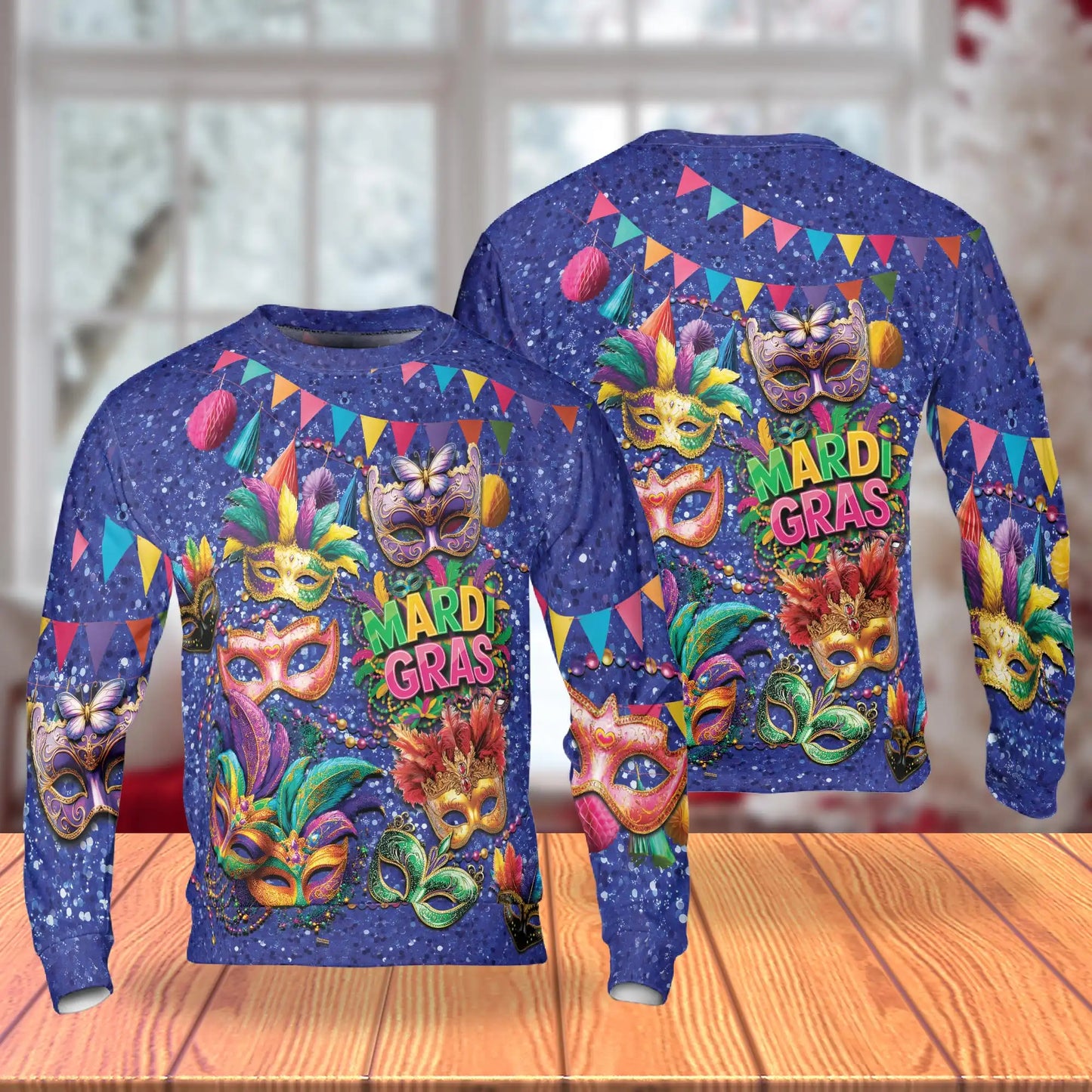 Colorful Mardi Gras Feathers and Beads Sweatshirt, 3D All Over Print Carnival Celebration Crewneck Pullover for Men Women, Mardi Gras Gift - Netecom
