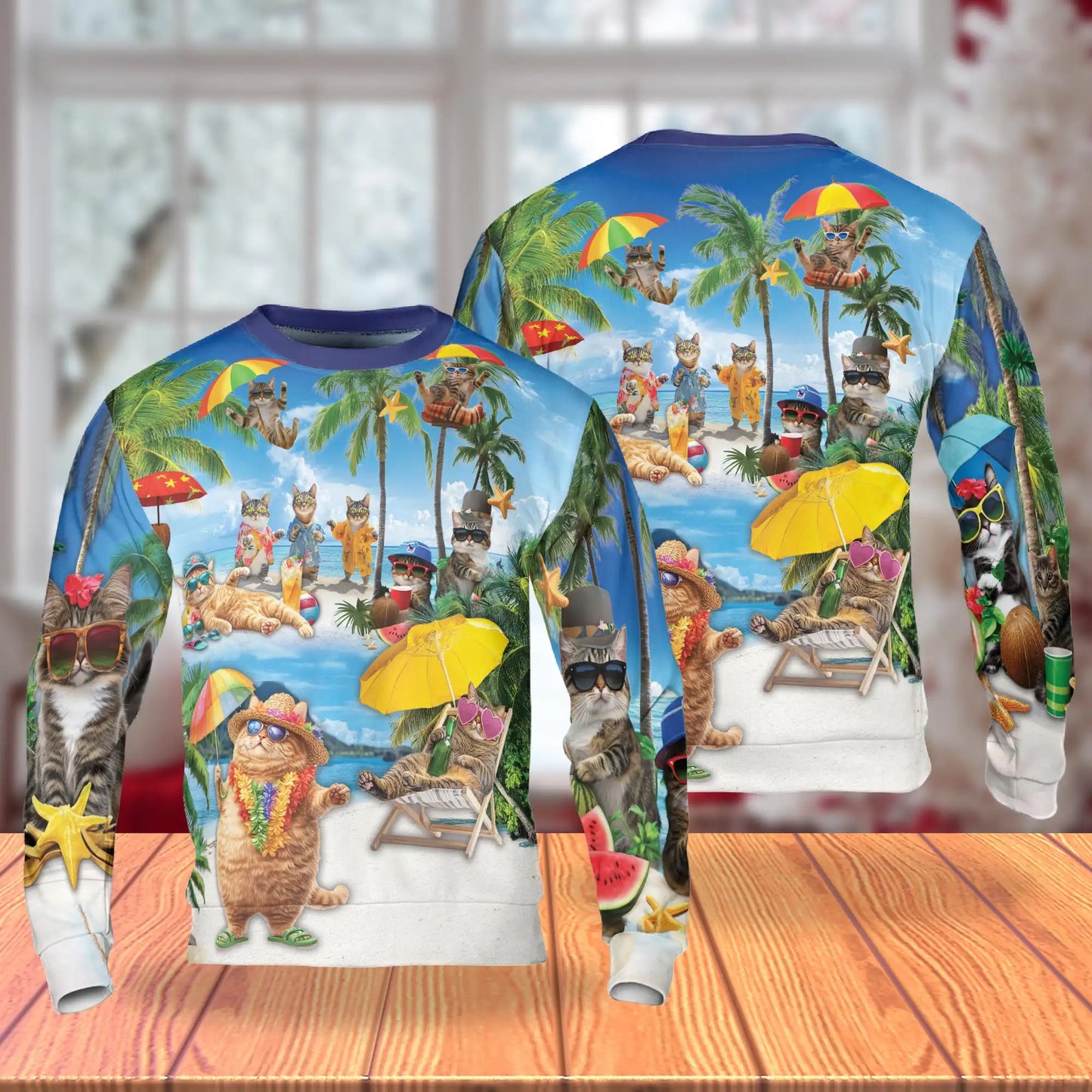 Cool Cats Summer Beach Sweatshirt, 3D All Over Print Tropical Cat Crewneck Pullover for Men Women, Cat Lover Gift - Netecom