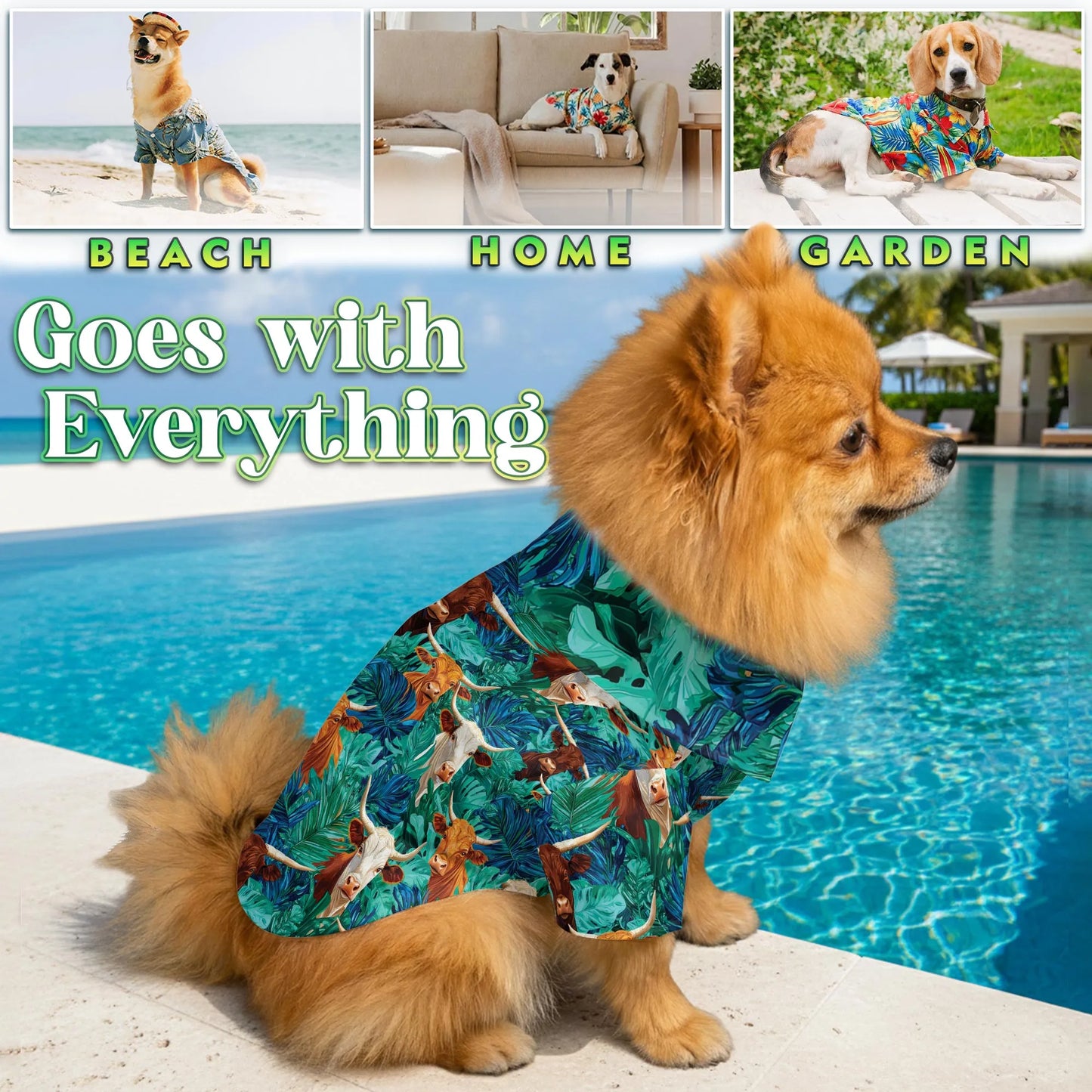 Texas Longhorn Cattle Tropical Leaf Print Hawaii Dog and Owner Matching Button Shirts