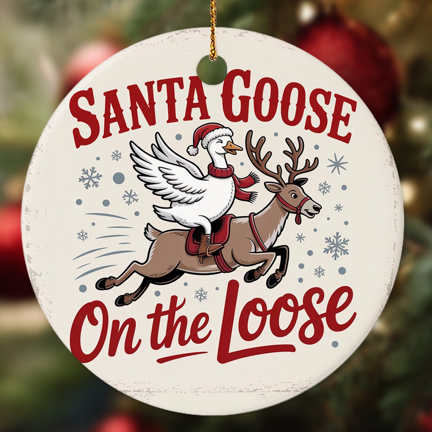 Netecom Funny Santa Goose on the Loose Ornament, Goose in Santa Hat Riding Reindeer Ceramic Ornament for Christmas Tree Hanging Decorations Gift, Duck Lover Gifts, Holiday Party Present