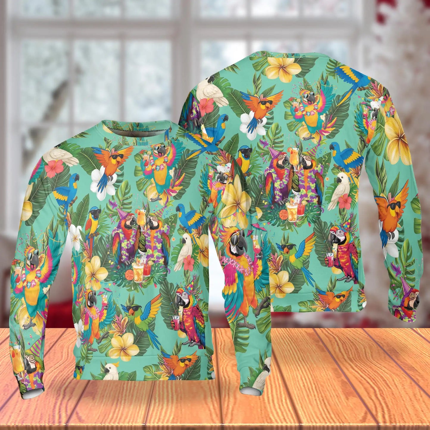 Party Parrot Tropical Sweatshirt, 3D All Over Print Colorful Bird Crewneck Pullover for Men Women, Parrot Lover Gift - Netecom