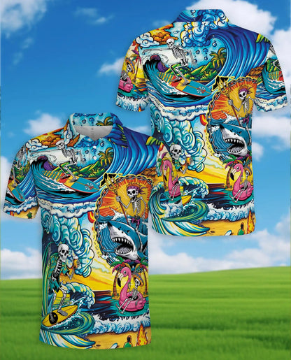 Surfing Skeleton Polo Shirt – Tropical Beach Skull Style| Netecom