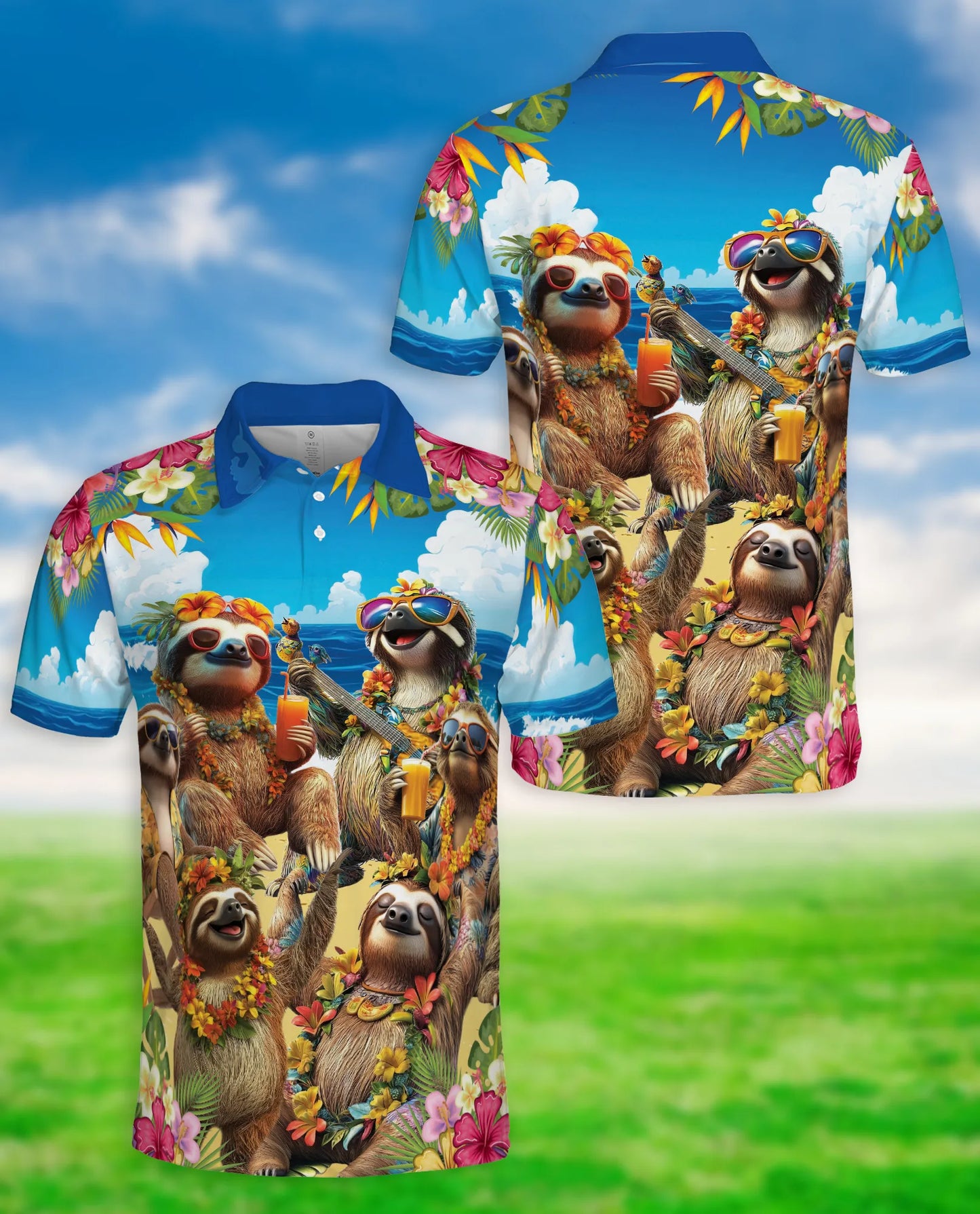 Sloth Beach Party 3D Polo Shirt for Men – Funny Tropical Animal Style | Netecom