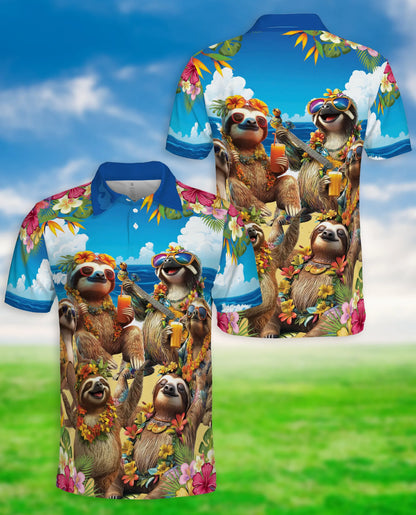 Sloth Beach Party 3D Polo Shirt for Men – Funny Tropical Animal Style | Netecom