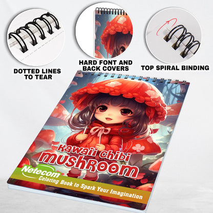 Kawaii Chibi Mushroom Spiral Bound Coloring Book, Embark on a Coloring Journey with 30 Kawaii Chibi Mushroom Designs