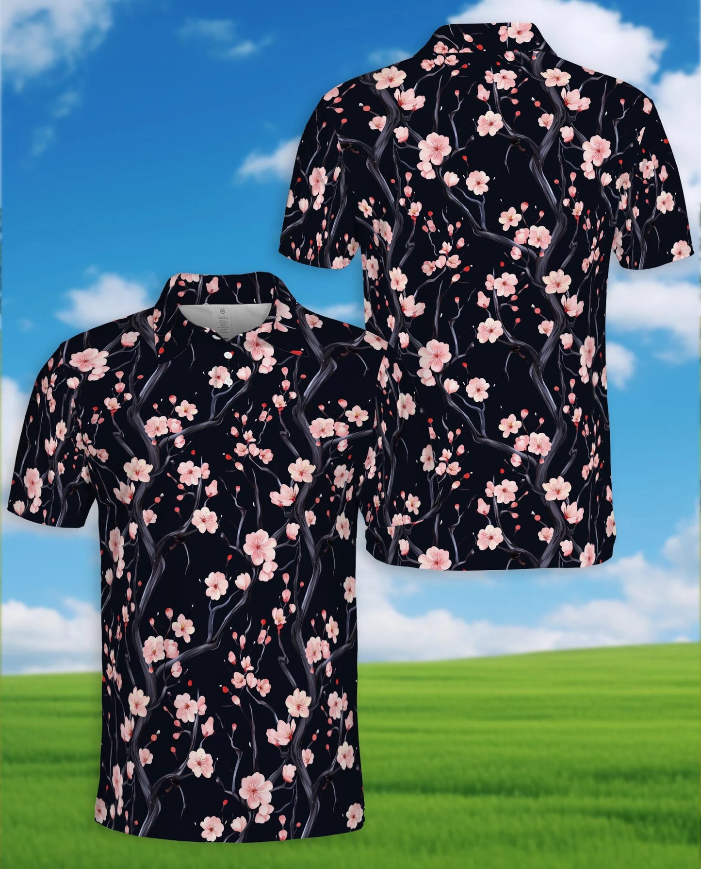 Japanese Floral Polo Shirt for Men – Elegant Sakura Art Style | Netecom