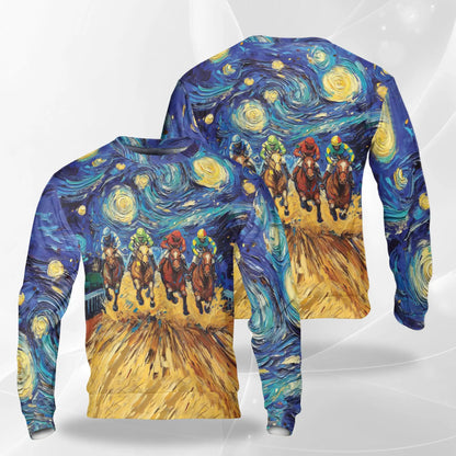 Horse Racing Starry Night Sweatshirt, 3D All Over Print Galaxy Equestrian Art Crewneck Pullover for Men Women, Horse Racing Lover Gift - Netecom